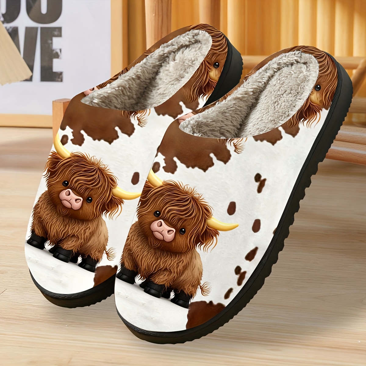 Women'S Plush Highland Cow Slippers - Cozy Fleece-Lined Slip- Shoes with TPR Sole, Cute Cartoon Design for Fall Camping & Holiday Gifts (Halloween, Christmas), Cow Slippers, Indoor Footwear, Slipon, Soft Fabric Upper