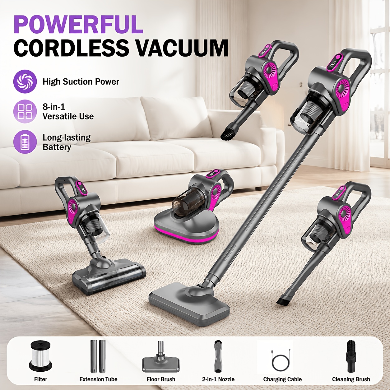 TEMU Aspirateur Balai Fil 8-en-1, Aspirateur Léger avec Brosse de Sol, Aspiration Puissante, Aspirateur à Main pour Maison, Voiture, Tapis, Canapé et