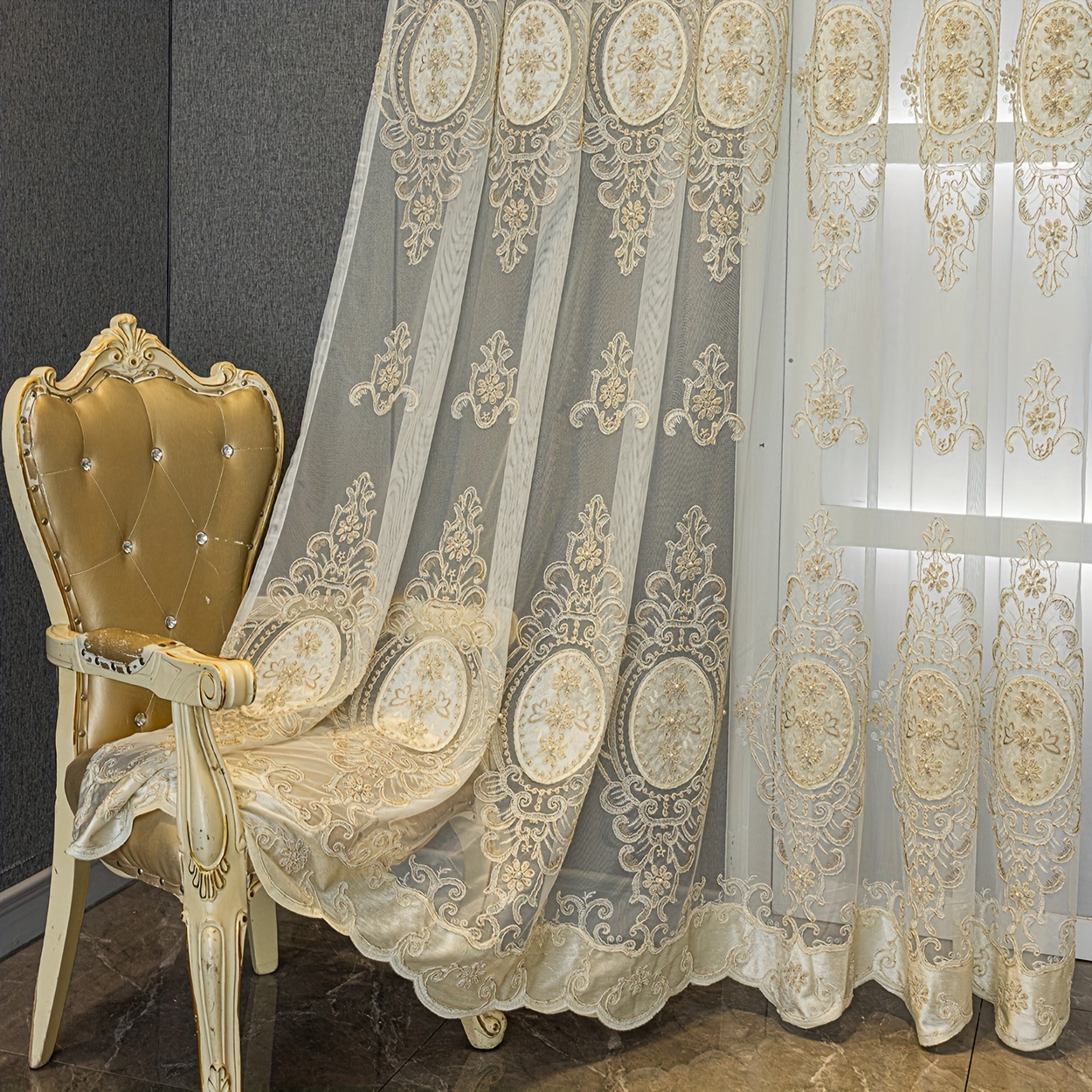 Image of 2 Panels Sheer Curtains, Hand- Bead Detail, Rod Pocket Hanging, Breathable Polyester Mesh Fabric, Machine Washable, Decor For Living Room, Bedroom, Office - 100-120 Gsm, Curtains For Living Room