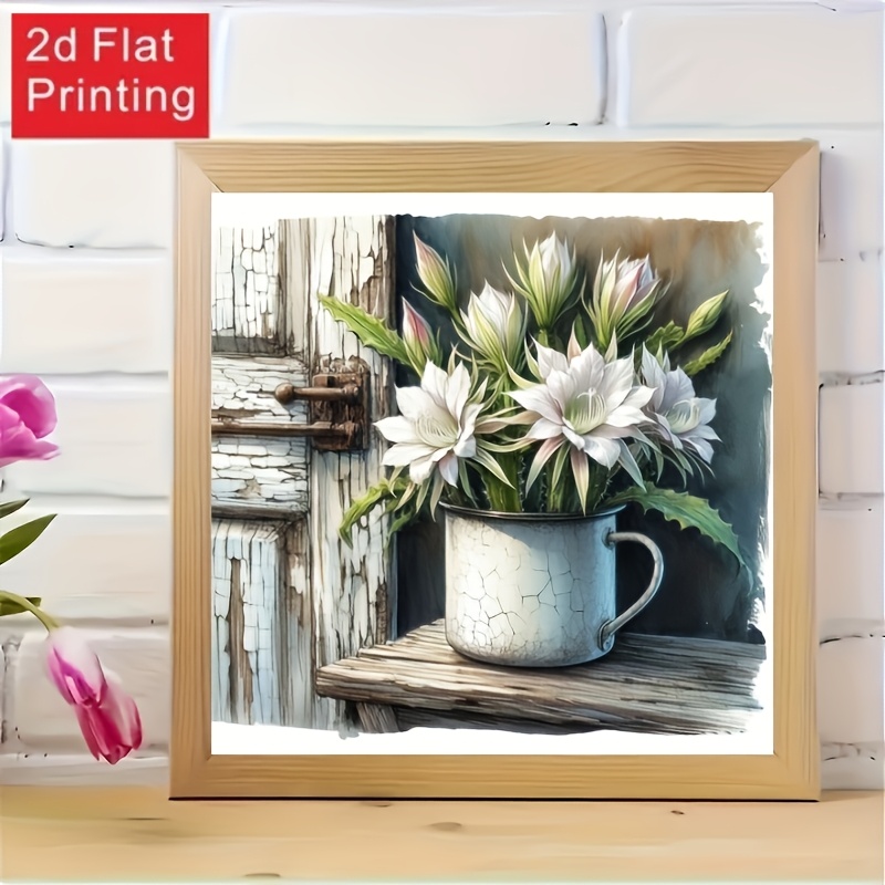 Image of 2d Flat Printing Frameless Diamond Painting. Cup Of Flowers Pattern, Diamond Painting Rhinestone Decoration Set, Complete Round Diamonds. Full Diamond For Home And Room Decor