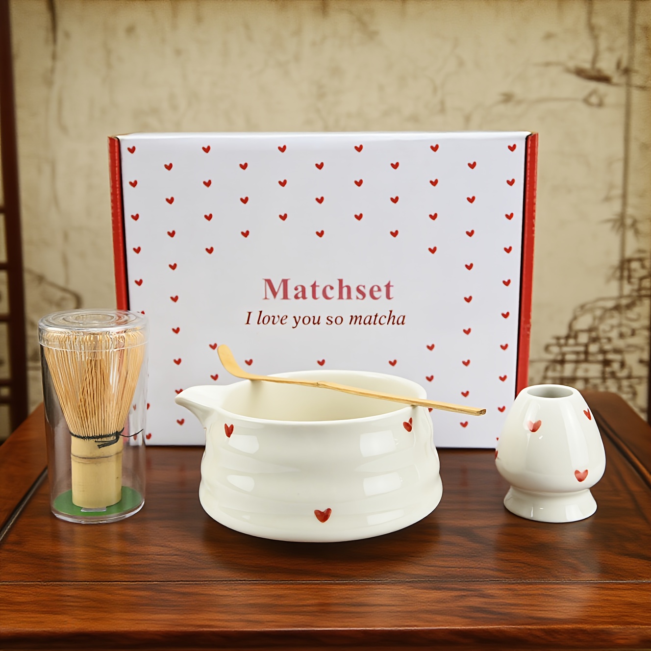 Image of Set Of 4 Adorable Matcha Additions, Featuring A Bowl, Cherry Design, Tea Whisk, Matcha Bowl, Whisk Holder, And Tea Scoop, Ideal For