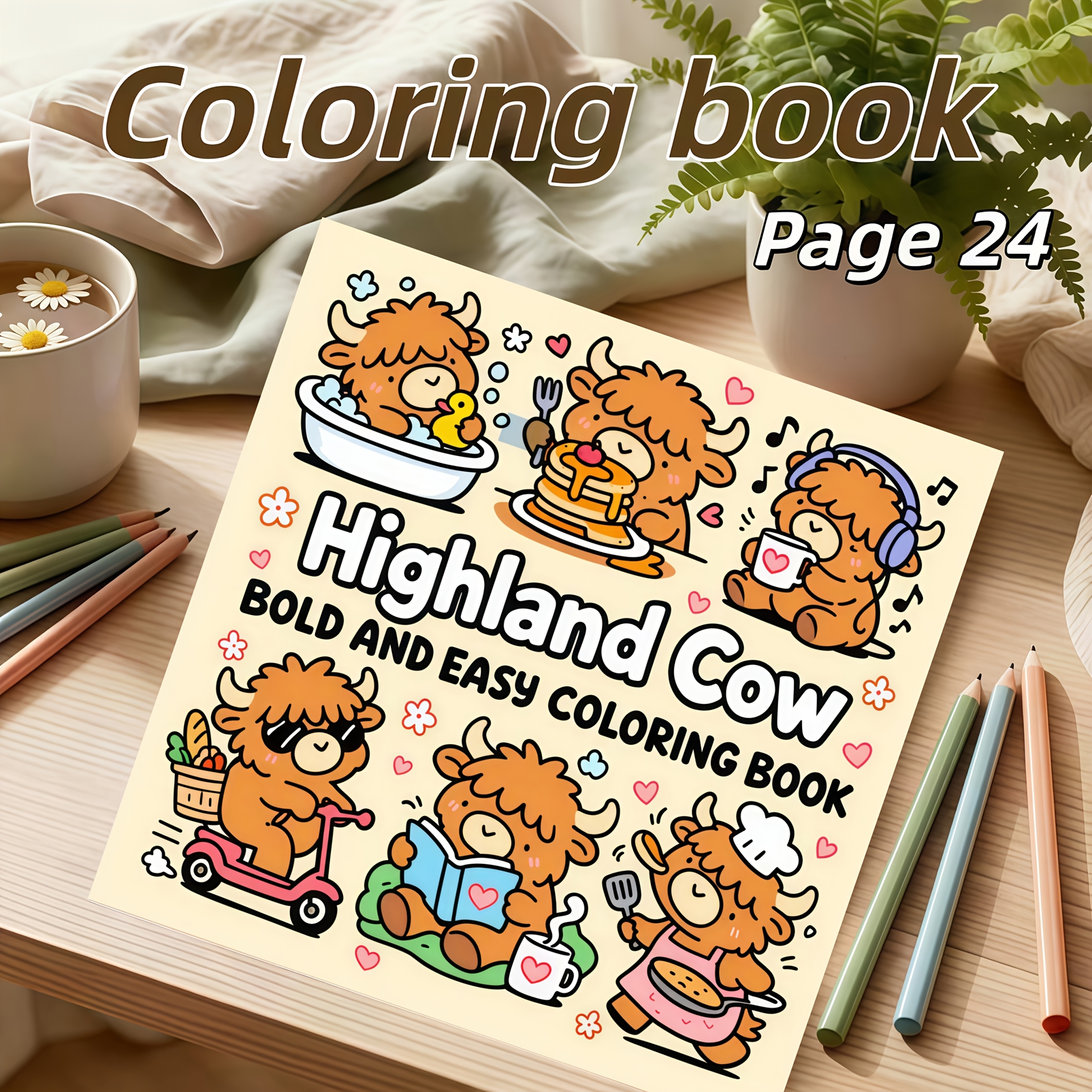 TEMU 1 Book Highland Cow Coloring Book Suitable For & - 24 Single-sided Pages With Cute Pictures, Stress Gift For , Cow Themed Activity Book For
