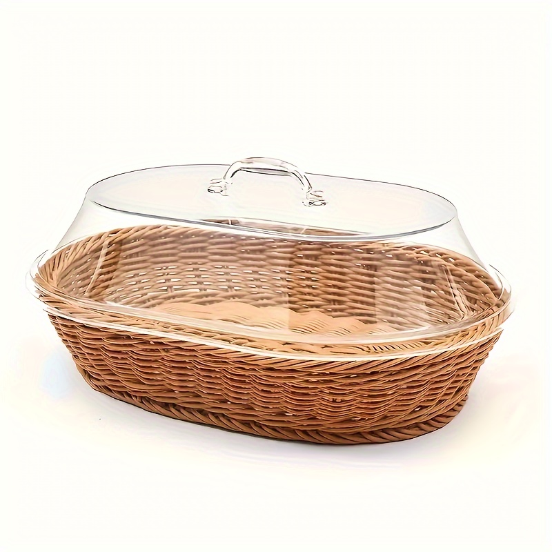 TEMU Faridabio Wicker Bread Basket With Clear Acrylic Lid - , Washable Food Tray For Desserts & Fruits - Kitchen, Picnic, And Home Display