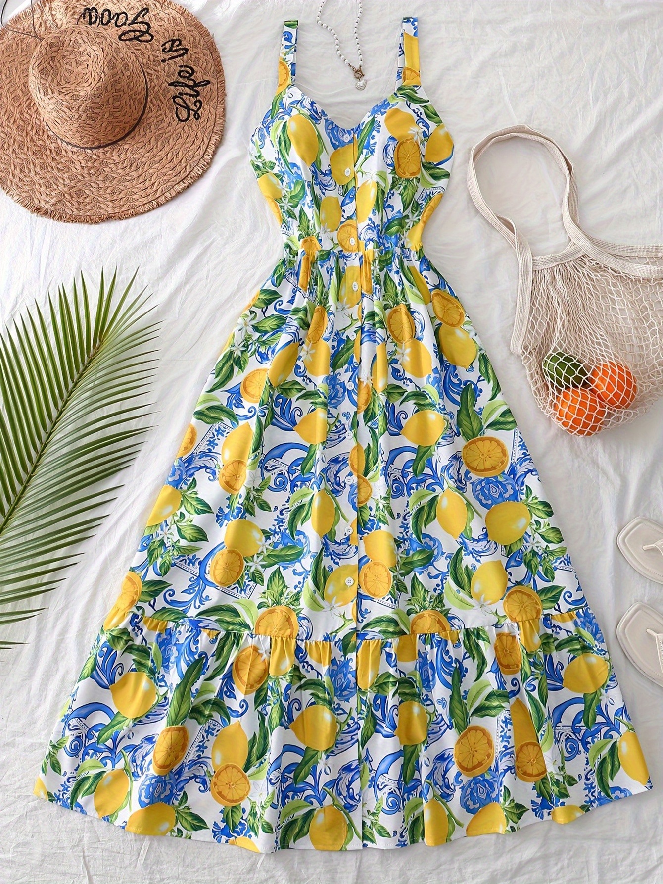 Women's Elegant Sleeveless maxi dress Floral Lemon print in Yellow,  Blue, Green Non-Stretchy fabric Beach Party Outfit Machine Washable  Summer