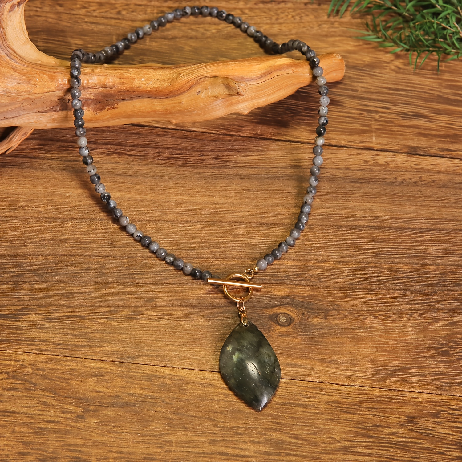 Men's Labradorite Beaded Necklace with Golden Toggle Clasp