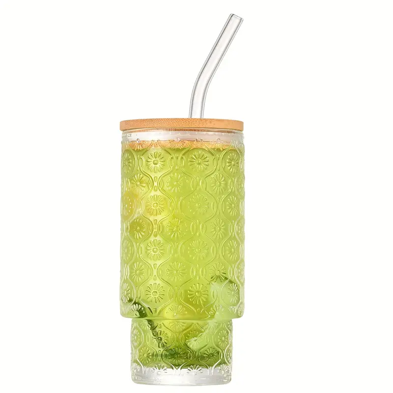 glass cups with lids and straws 4 packs bamboo mason jar valentines party drinking jars glasses 11oz vintage glassware set embossed vintage drinking glasses for beer cocktail soda iced coffee smoothie tea water Product details 3