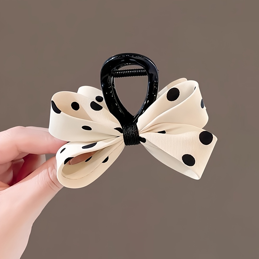TEMU 1pc Sweet Polka Dot Bow Grab Clip, High-end Age-reducing Back Of Shark Clip, Medium-sized Half-tie Black And White Hairpin, Suitable For Daily