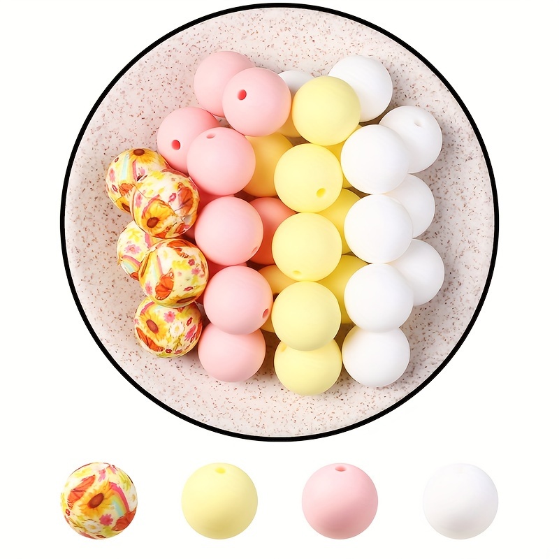 

35pcs Silicone Beads Set, Assorted Colors With Floral Print, Fashionable Round Beads For Diy Jewelry Making, Bracelets, Keychains, Pen Ornaments, Handmade Craft Accessories