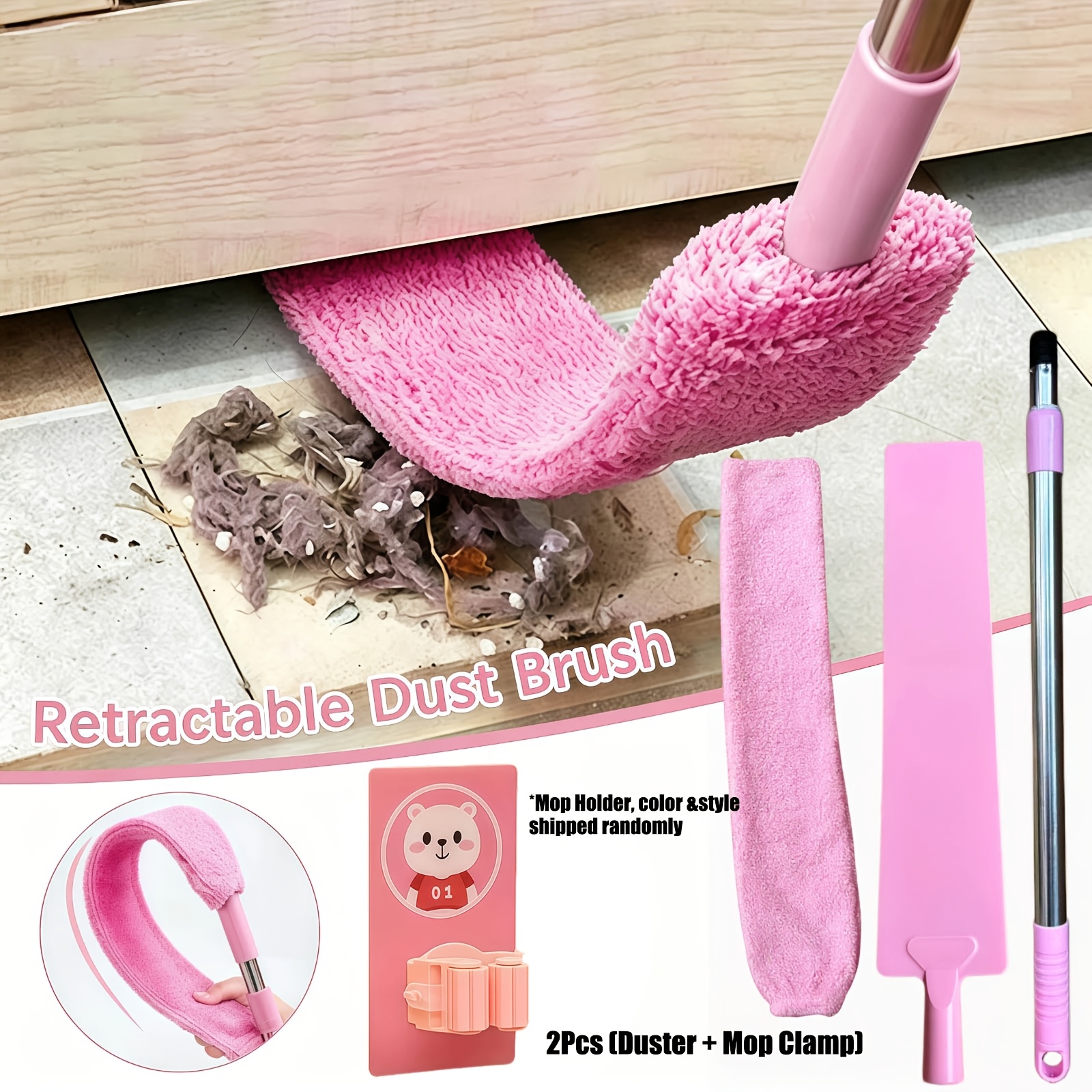 TEMU Duster And Mop Clamp, Household Deep Cleaning Dust Brush Set, Retractable Under Furniture Duster With Washable Microfiber Sleeve And