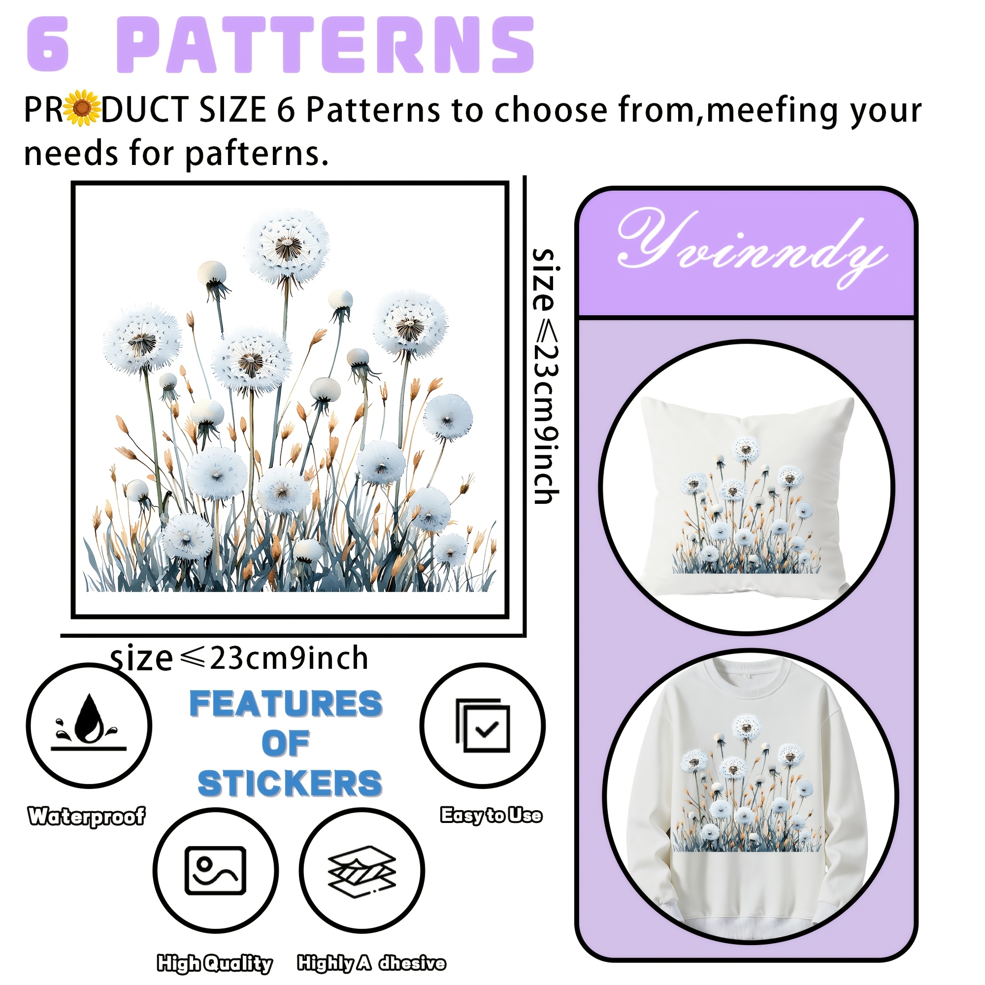 TEMU 6pcs Iron-on Transfer Patches Compatible For Diy T-shirts, Bags & Pillows - Washable Vinyl Cloth Heat Press On Stickers With Realistic Dandelion