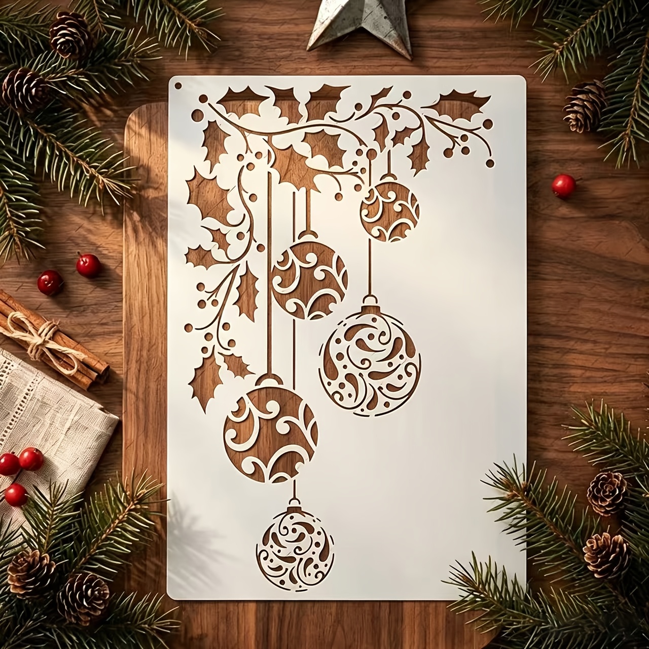 TEMU 1pc Christmas Template, Reusable Drawing Stencil, 8.66 X 12.6 Inches Holly And Ornaments Template, Suitable For Decor, Wall Art, Signs, Fabric,