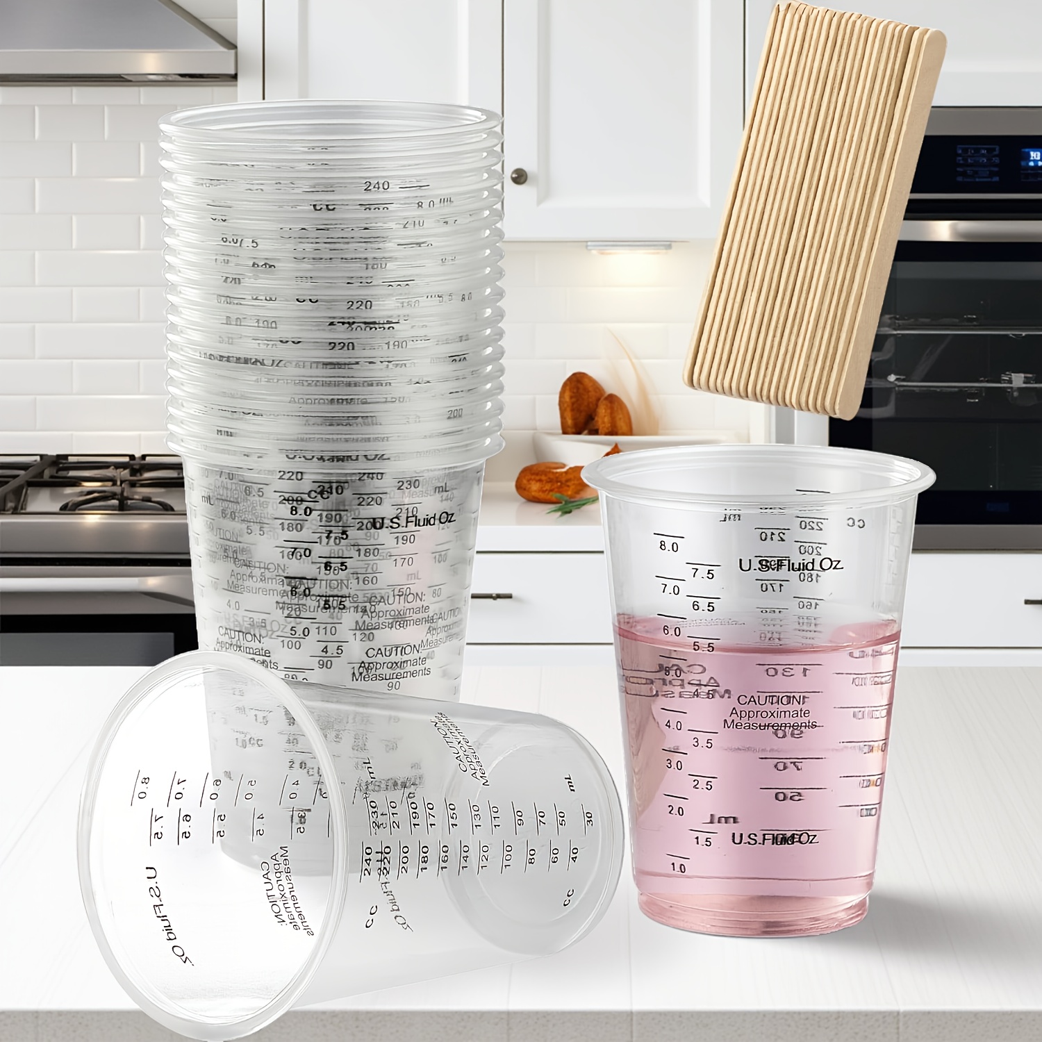 TEMU 25pcs 8oz Graduated Clear Plastic Measuring Mixing Cups With 25pcs Wooden Stirring Sticks For Mixing Paint, Pigments, Epoxy Resins