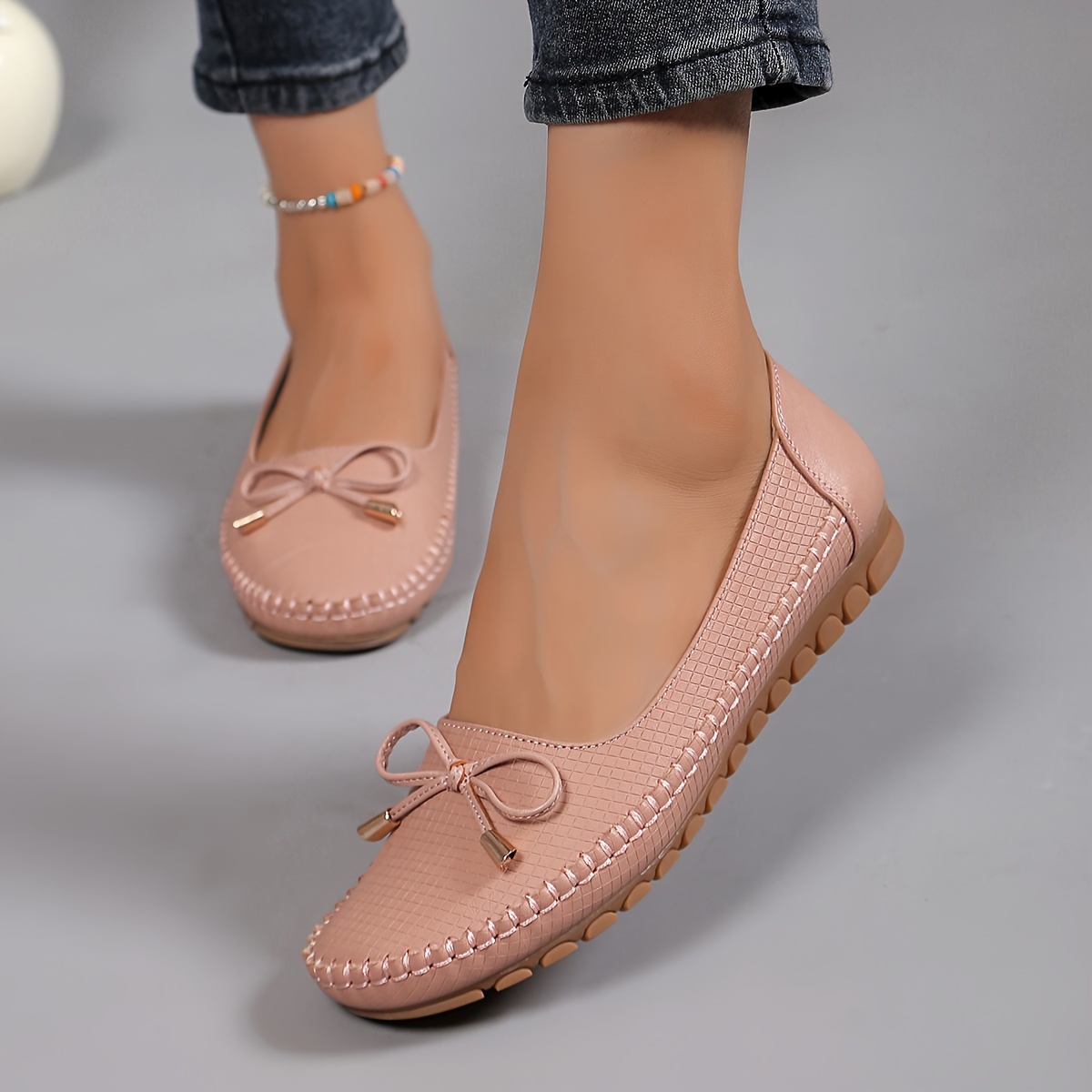 Solid Color Bow Flat Women's Shoes, Comfortable Slip-On Loafers