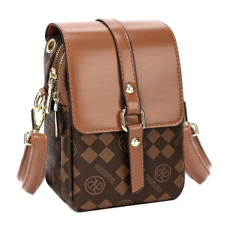 2025 new womens multi layer lightweight crossbody bag large capacity coffee linen shoulder bag with zipper closure stylish checkered pattern hardware for travel work versatile travel accessory modern checkered design hardware Product details 5