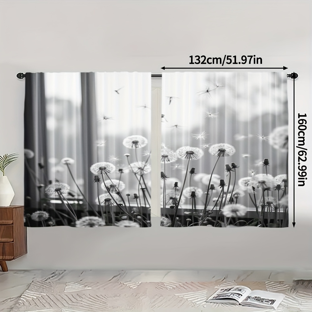 TEMU 2pcs, Contemporary Printed Curtains, Dandelion Print, Polyester, Suitable For Kitchen And Home Decoration(without Rod)