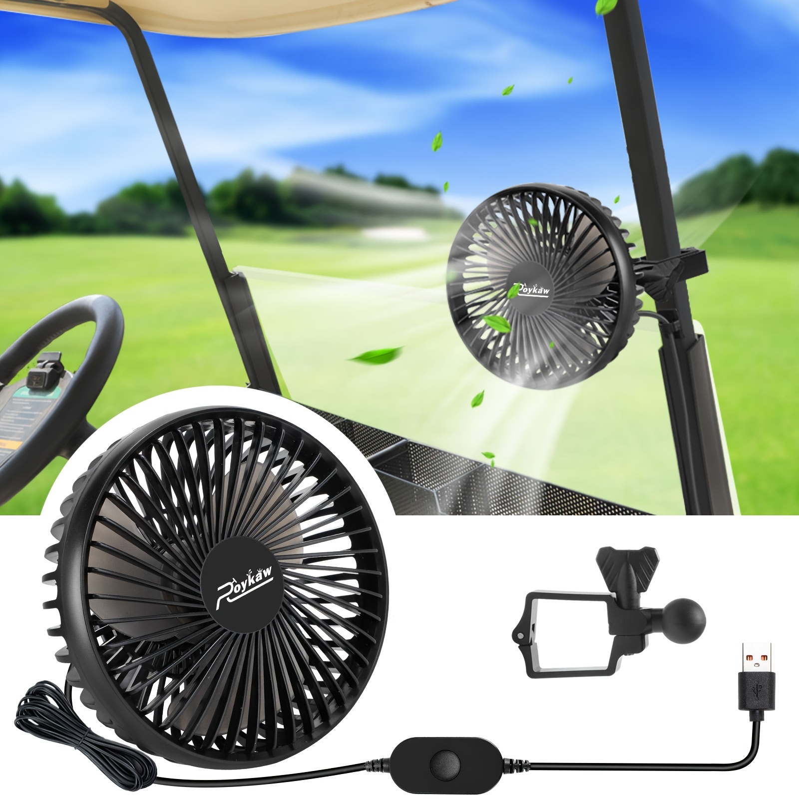 TEMU Golf Cart Fan Portable Usb Input Compatible With 3-speed Settings, 360 Degree Rotation, Long Lasting, Designed, Quick Release & Won't Fall Off