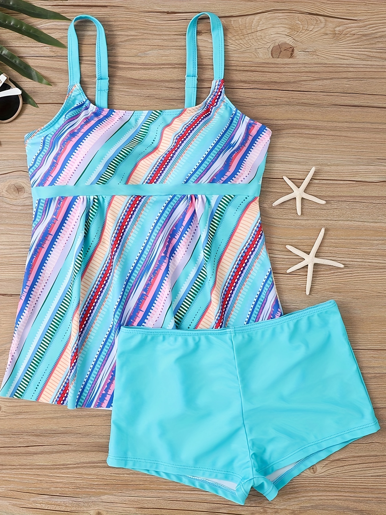 Plus Size Casual Tankini Set Women's Plus Striped Round Neck - Temu