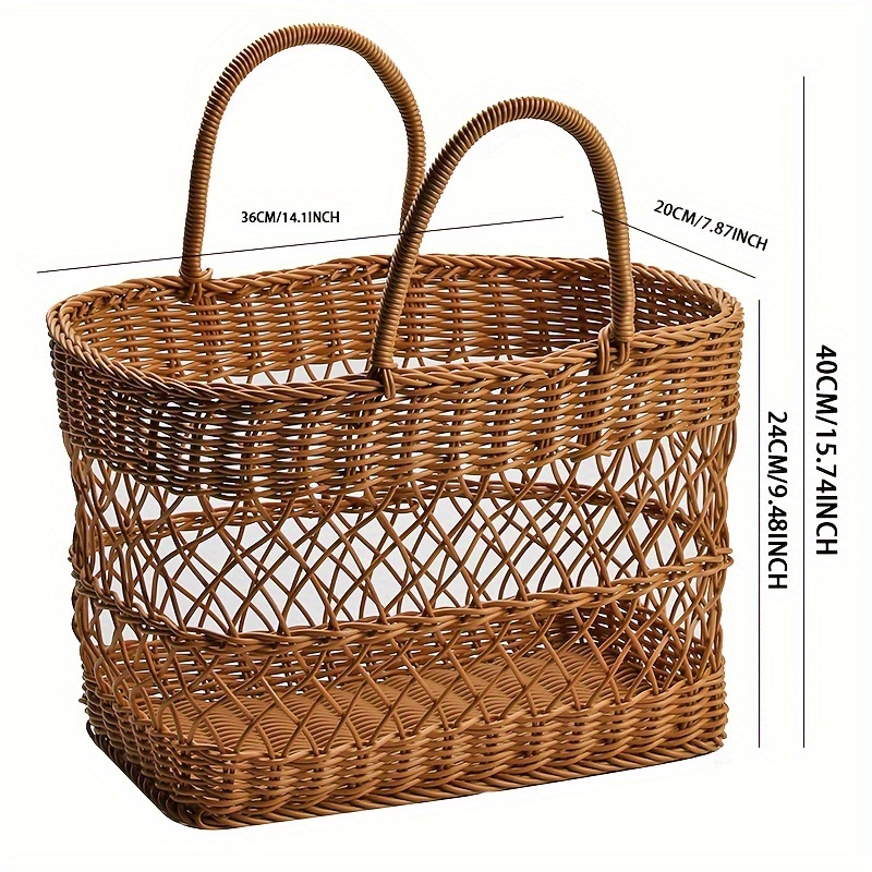 Image of Portable Woven Rattan-style Plastic Picnic Basket - Lightweight & Sturdy Wicker-like Outdoor/ Use, Brown Shopping Cart For Groceries, Beach, Park, Camping - Durable Woven Basket (no Heavy-duty)