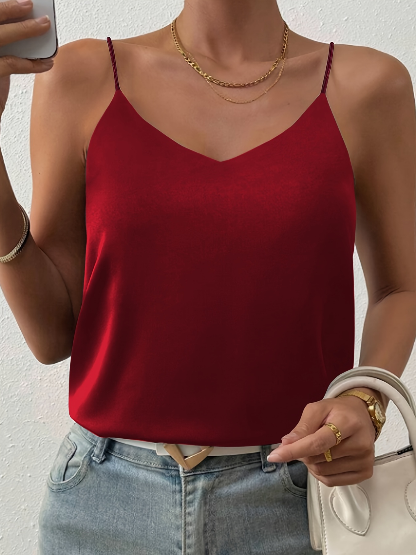 1pc Elegant Off-Shoulder Sleeveless Blouse for Women - Chic White Satin Summer Top with Deep V-Neck, Perfect for Layering or Standalone Outfits, Versatile Fashion | Elegant Offshoulder | Satin Finish