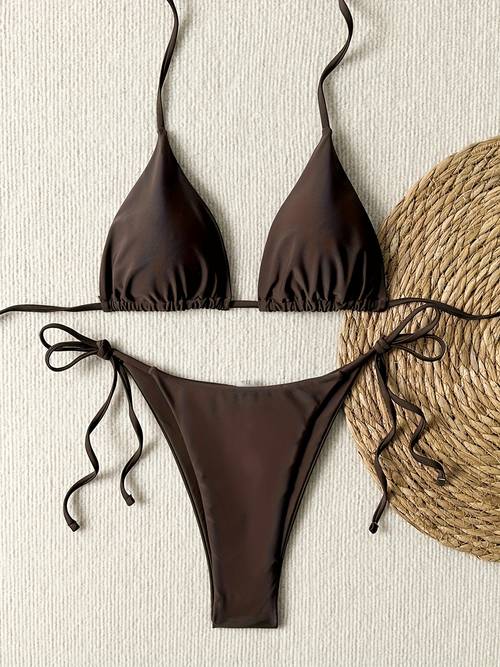 new womens fashion beach vacation brown tie neck two piece swimsuit bikini