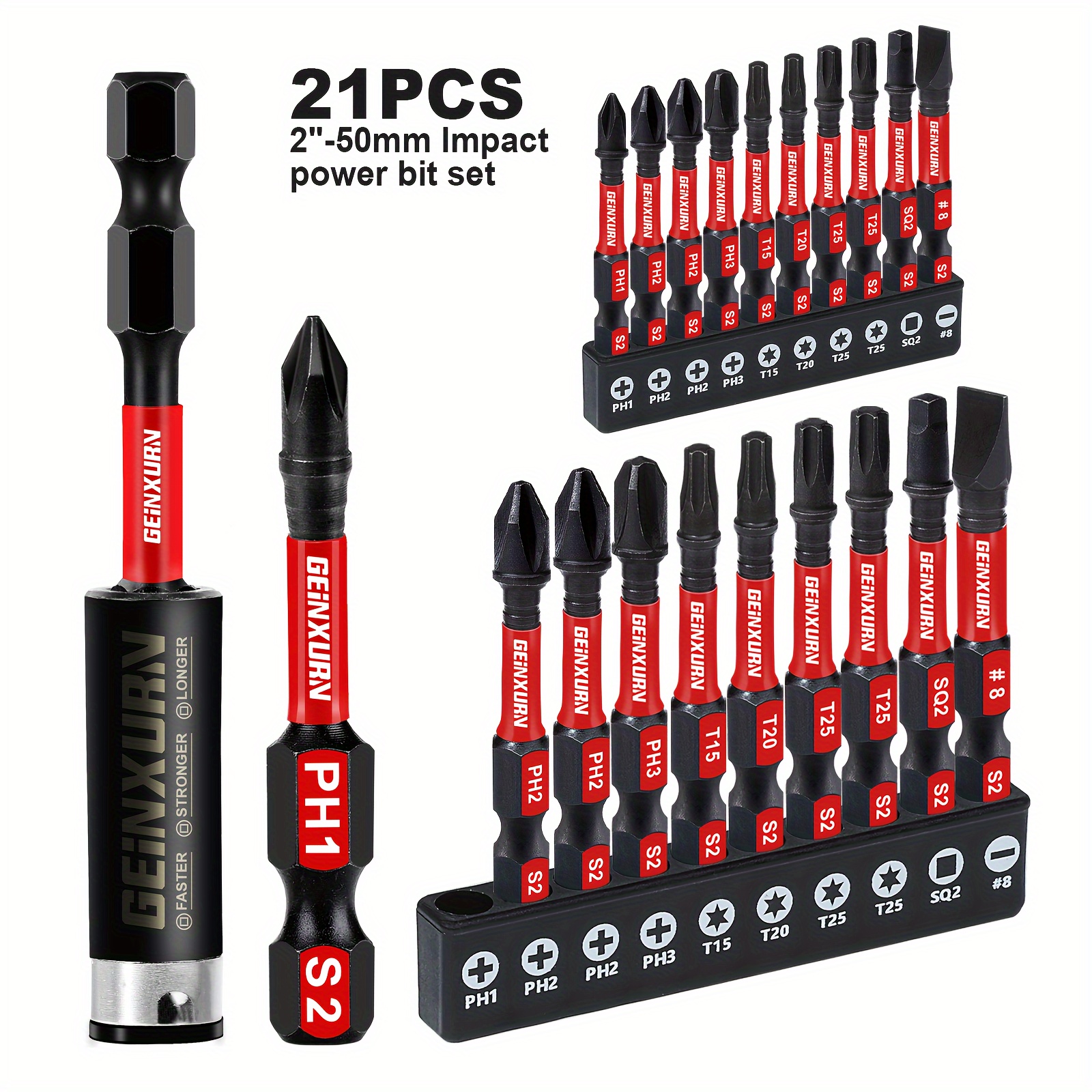 

Geinxurn 21-piece Impact Screwdriver Bit Set, 2" (ph1-sl#8) With Dual Black Holders & 3" Extension - S2 Steel, Hex Head, Rust-proof Coating