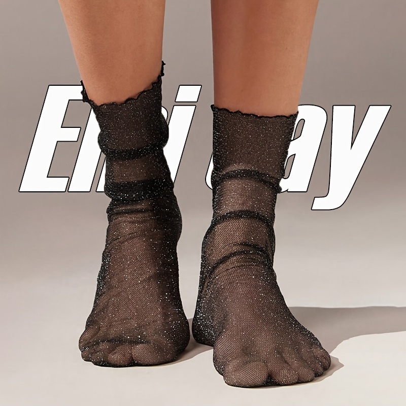 E-shop 1 Paar Damen Mesh Schwarze Mid-Tube Socken, Glänzende Glitzer Transparente Slouch Socken, Modisches High Heels und Sandalen Outfit, Geeignet für