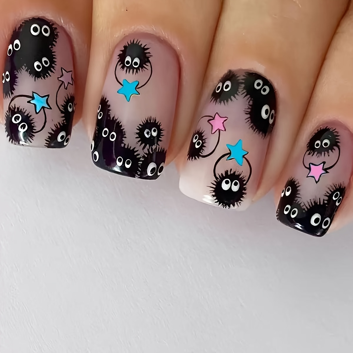 TEMU Uñas postizas de 24 piezas de forma cuadrada corta europea, de uñas divertido de de para Navidad y Halloween, uñas postizas con estrellas azul
