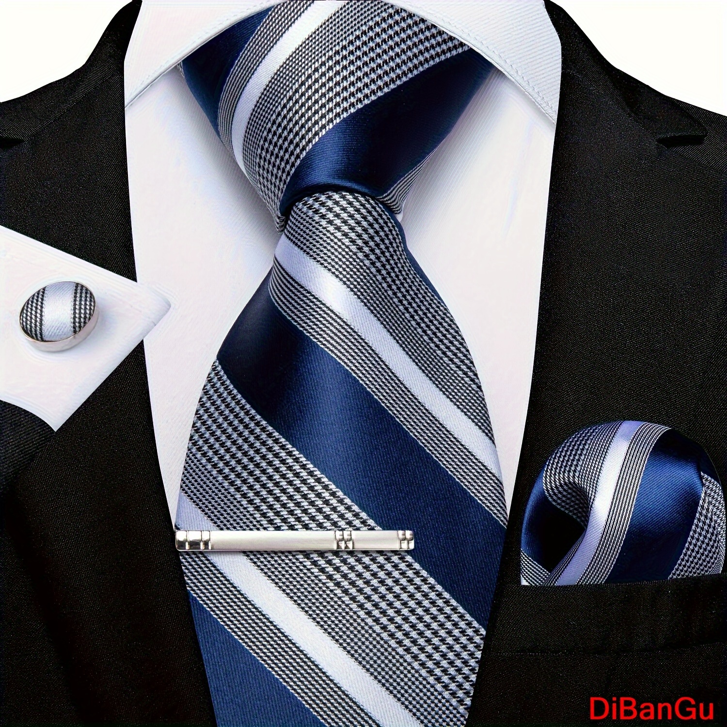 

Men's Party Accessories Set: Blue Striped Necktie, Silk Hanky, Cufflinks, And Necktie Clips