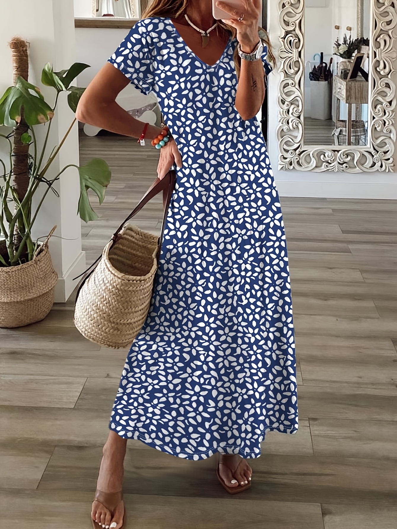 floral print v neck maxi dress vacation short sleeve dress for spring summer womens clothing blue 0