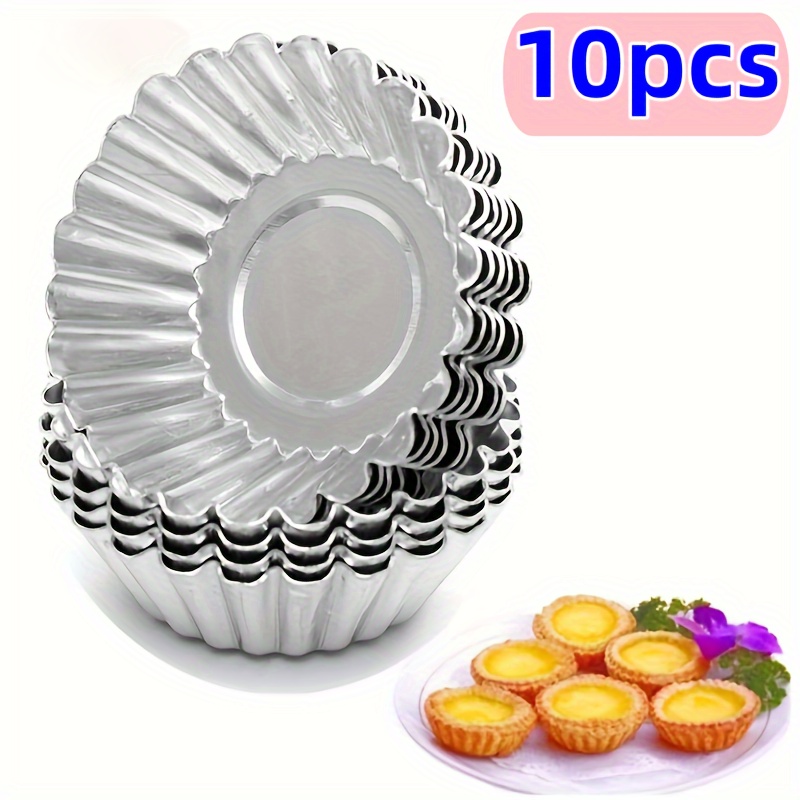 

10 Pcs Non-stick Mini Tart Pan Set - Stainless Steel Reusable Tartlet Mold Cups With Scalloped Edges For Pie, Tarts, Baking Tools - Food Contact Safe Portuguese Egg Tart Baking Molds