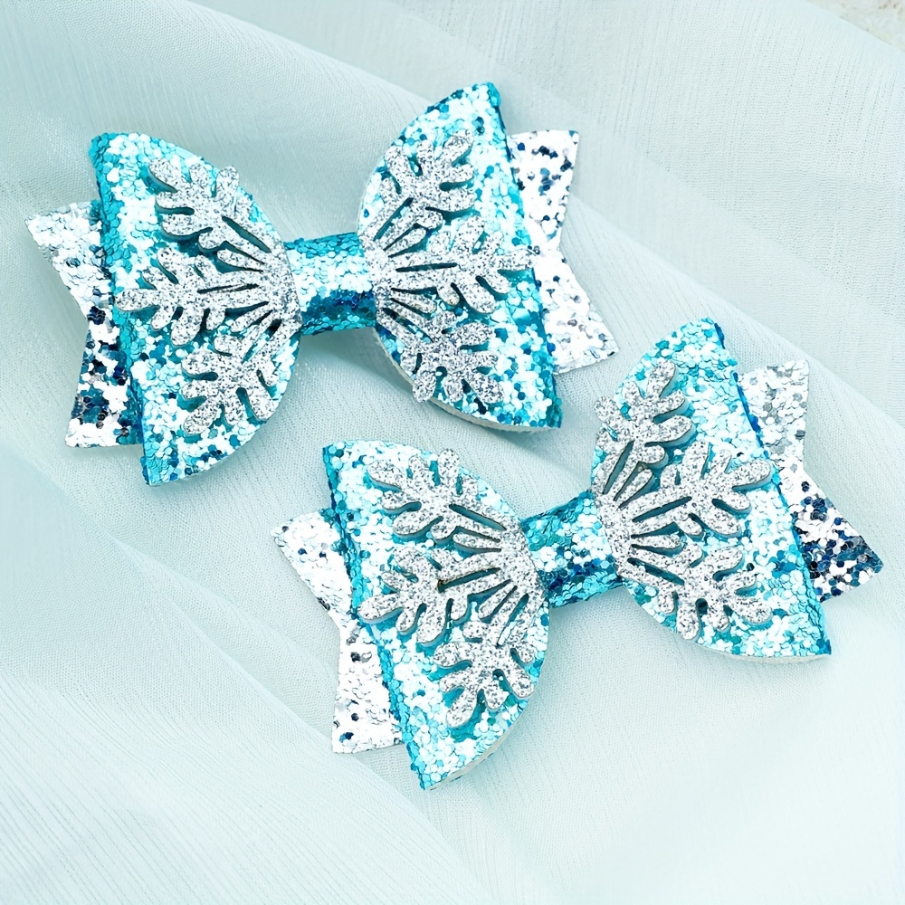 

Sparkling Bow Hair Clips For Girls - 2pcs, Glittery Blue Barrettes With Sequin Accents, Christmas & Holiday Parties