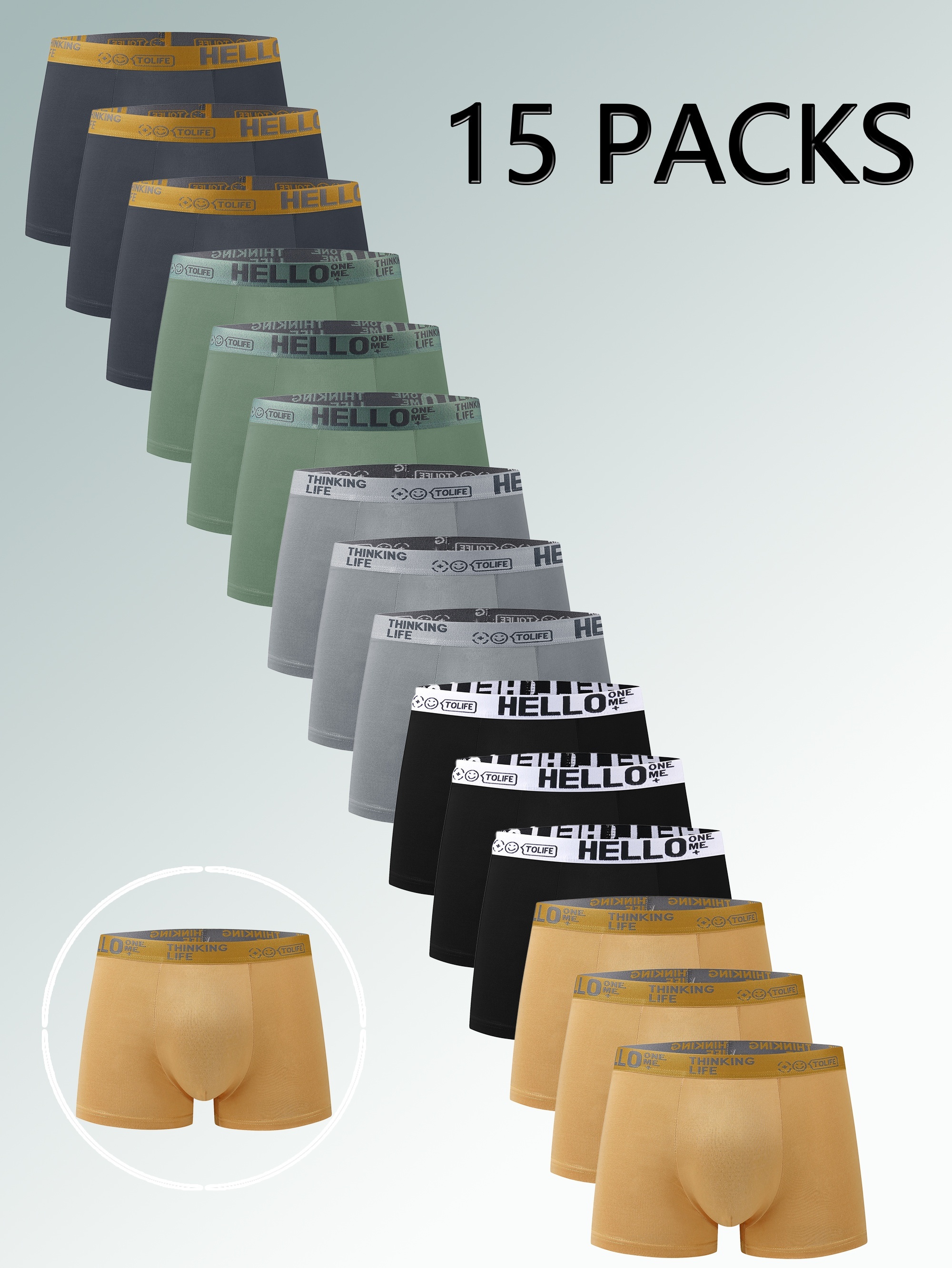 Série multi-couleurs élégante - Lot de 15 boxers pour hommes HELLO - Ensemble de sous-vêtements confortables et à séchage rapide