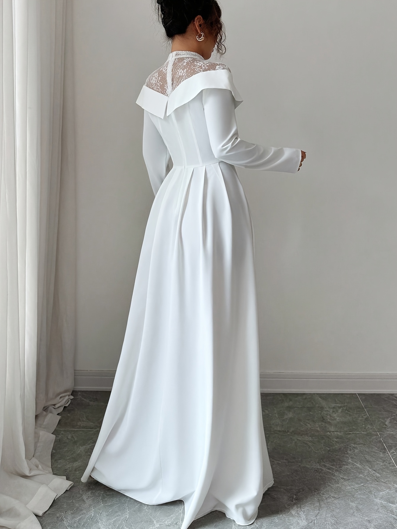 s elegant white a line maxi dress with mesh panel lace like sheer back long sleeve length wedding guest gown round neck formal evening dress machine washable no stretch Product details 12