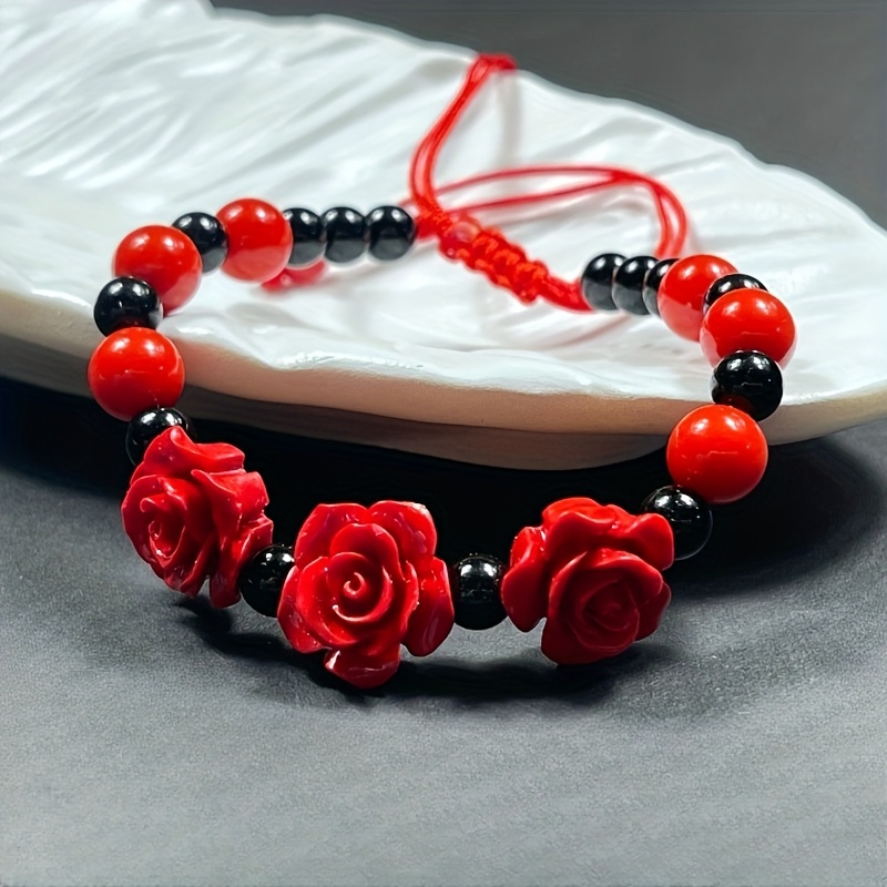 Adjustable Beaded Bracelet with Red Rose Charm & Red Beads