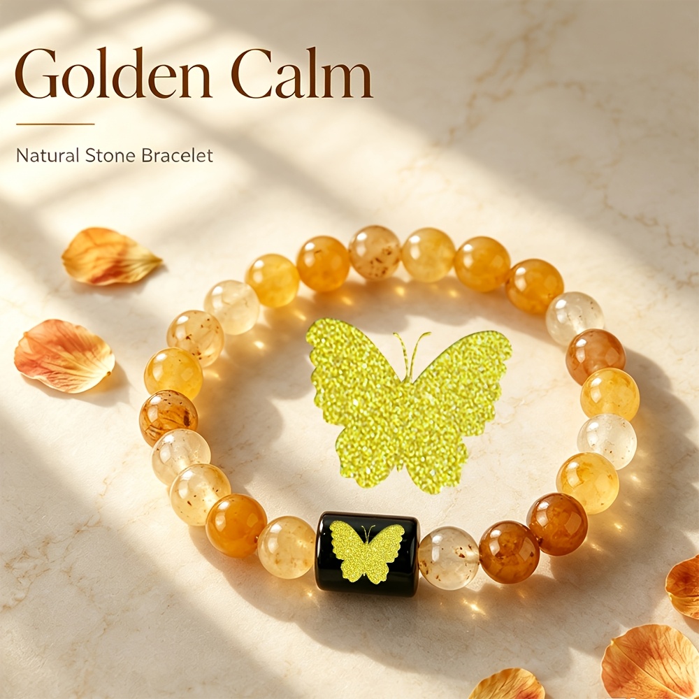 Women's Natural Agate Beaded Bracelet with Golden Engraved Butterfly