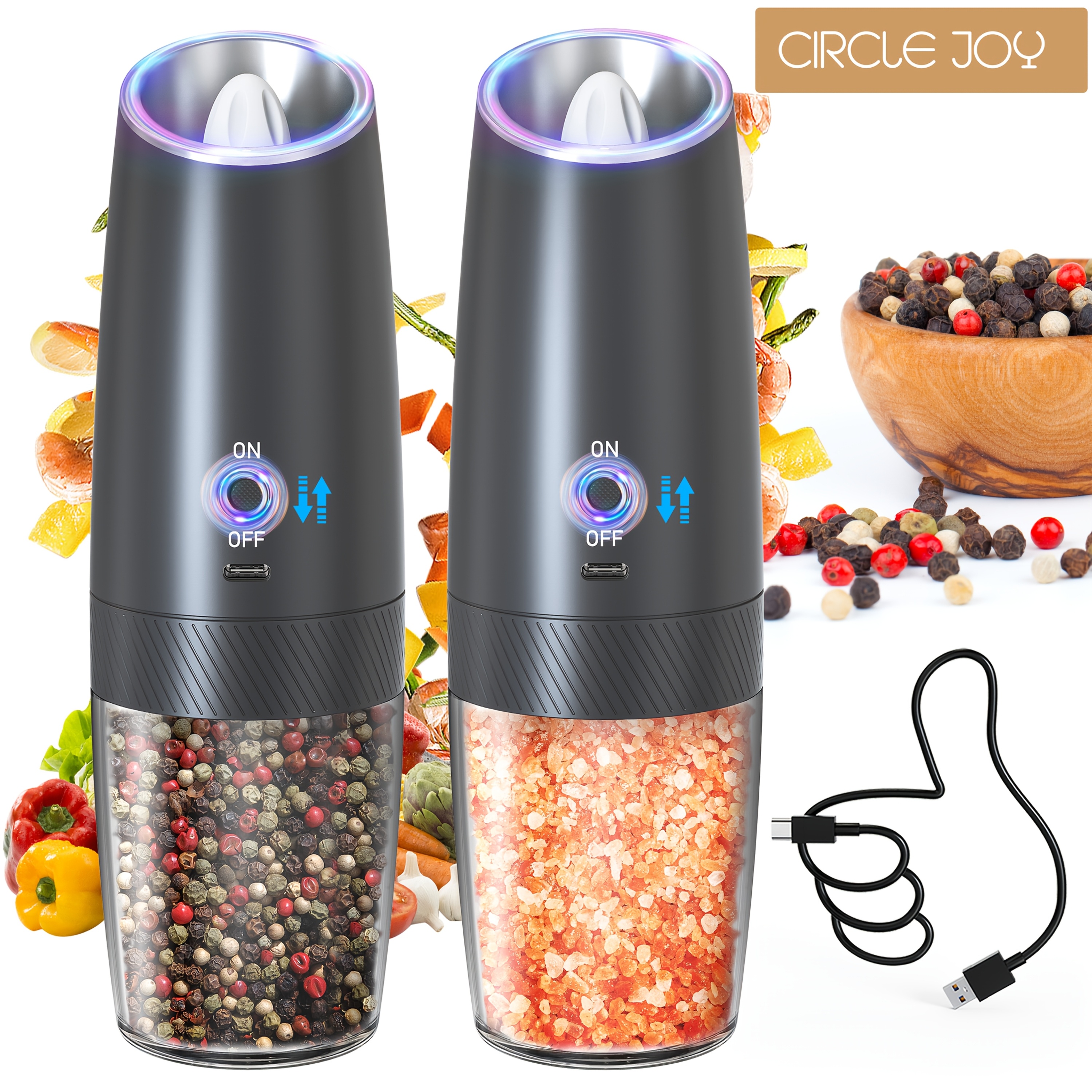 1pc 2pcs gravity sensor electric pepper mill rechargeable automatic grinder automatic black pepper mill white pepper mill sea salt rose salt grinder large capacity led   essentials seasoning tool pepper salt grinder set gifts