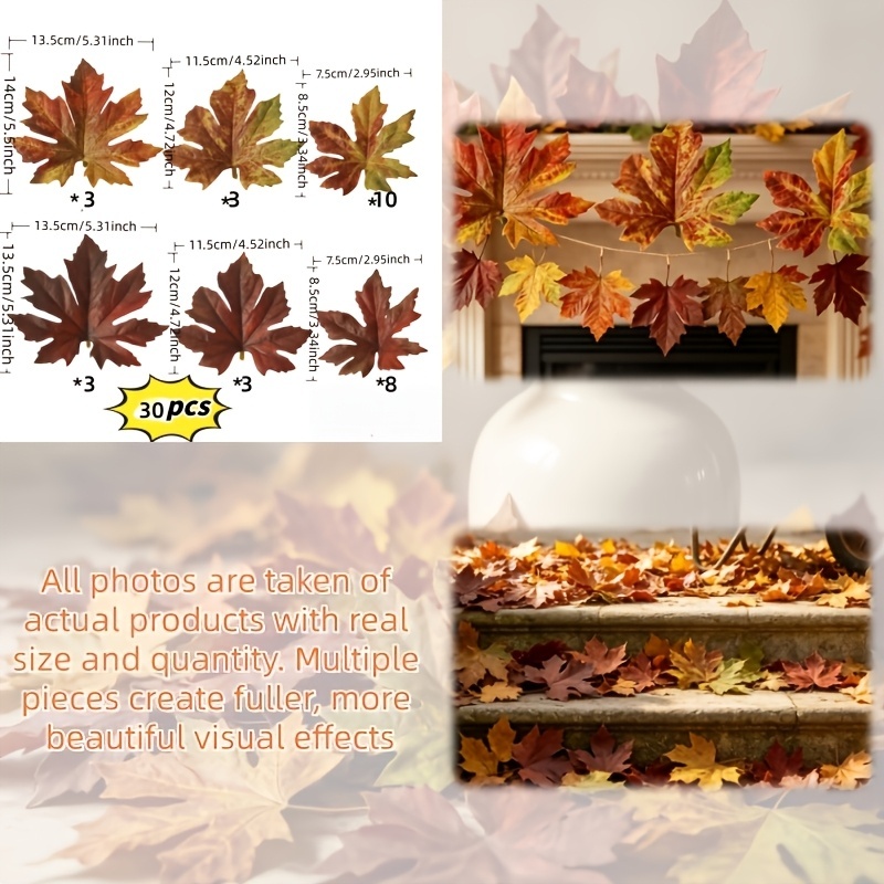 TEMU Lot de 30 feuilles d'érable d'automne artificielles, assortiment de de tailles variées, non décolorantes, pour la décoration de Thanksgiving et