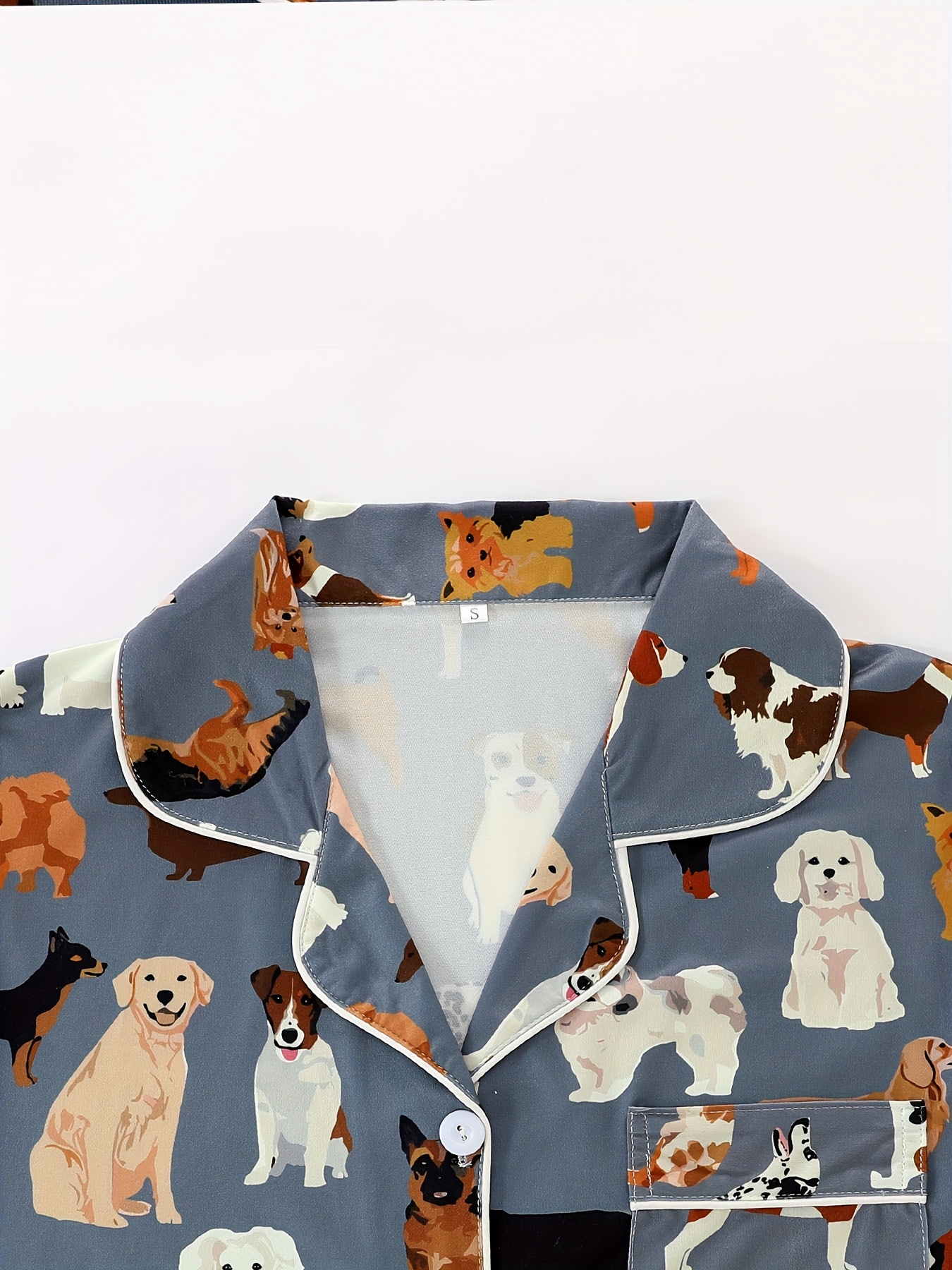 womens pajama set lapel short sleeve open front shirt and loose elastic shorts with animal dog print cool summer wearable outdoors casual   sleepwear and loungewear suit polyester fabric Product details 2