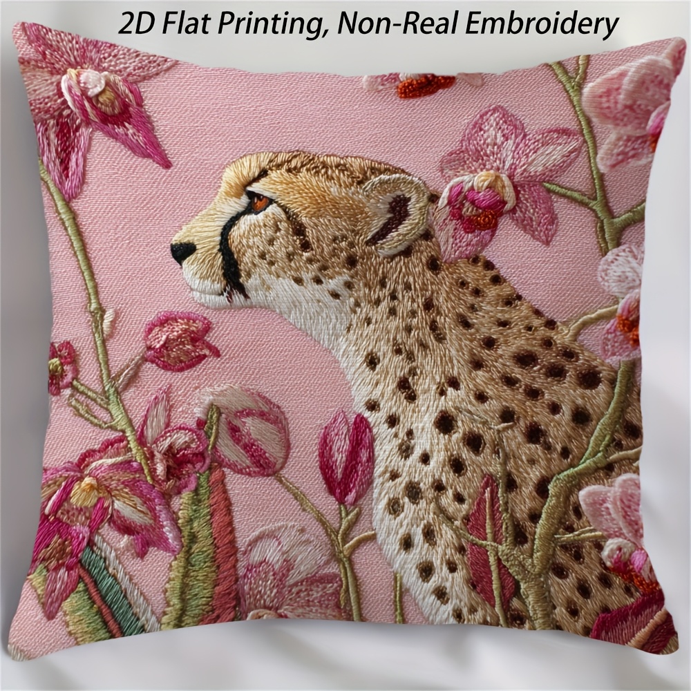 E-shop 1 Stück Leoparden-Dschungel-Szenen Kissenbezug - Rosa Blumenhintergrund, Reißverschluss-Kissenschiene für Sofa, Wohnzimmer, Schlafzimmer -