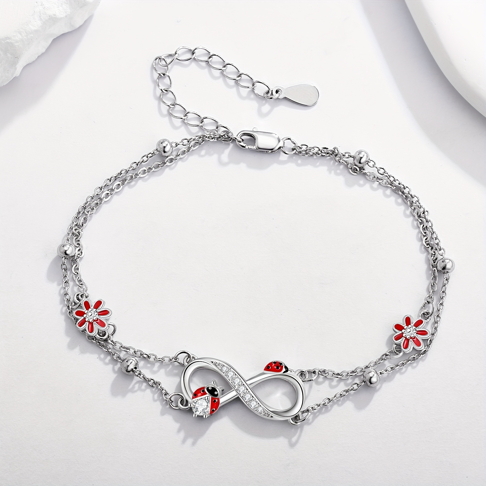 925 Silver Ladybug Infinity Bracelet Double Layered Chain