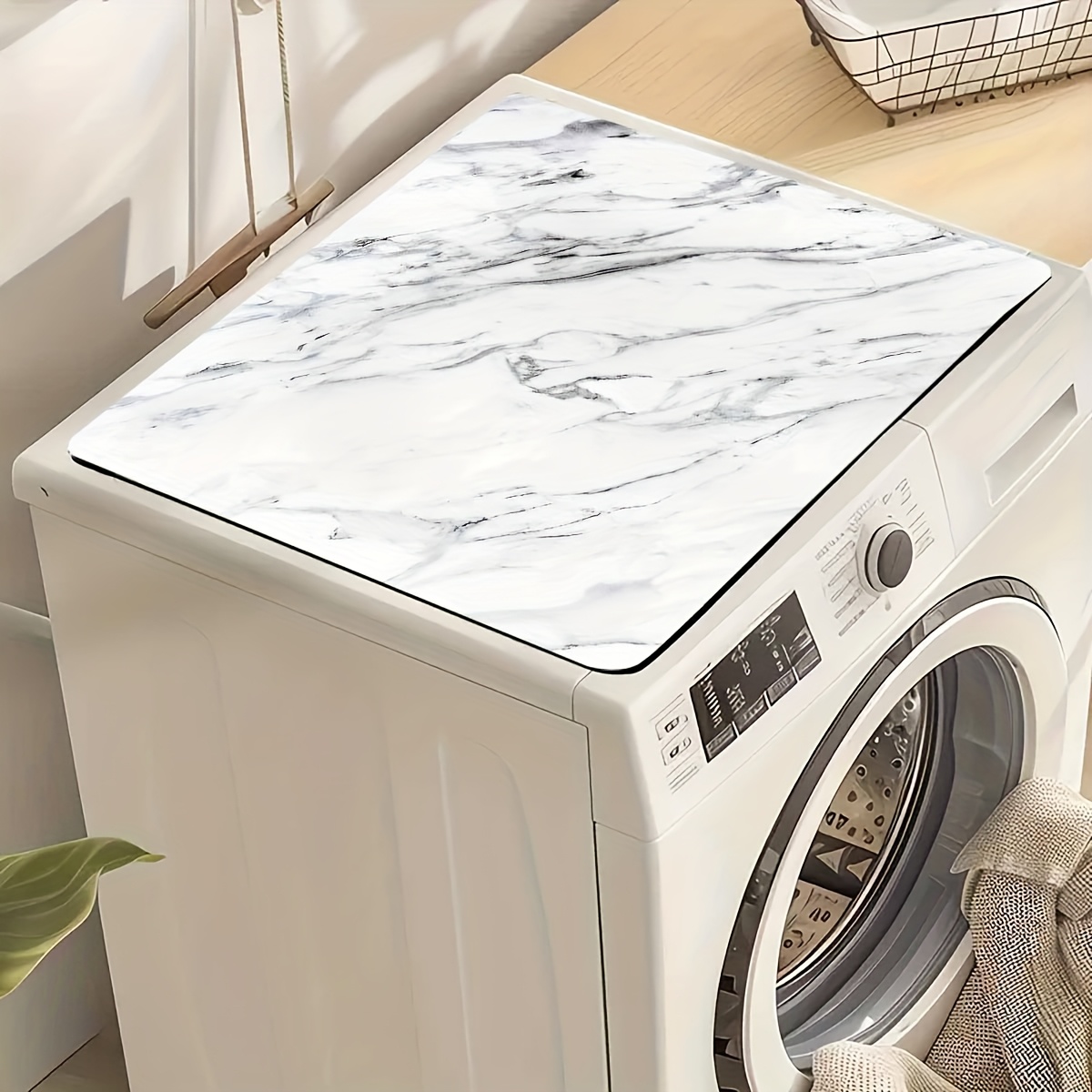 Image of 1pc Marble Pattern Washing Machine Cover Mat - Mud Protector, Suitable For Refrigerators And Appliances, Stylish White And Gray Design, For Countertop Protection In Laundry Room And Kitchen Areas