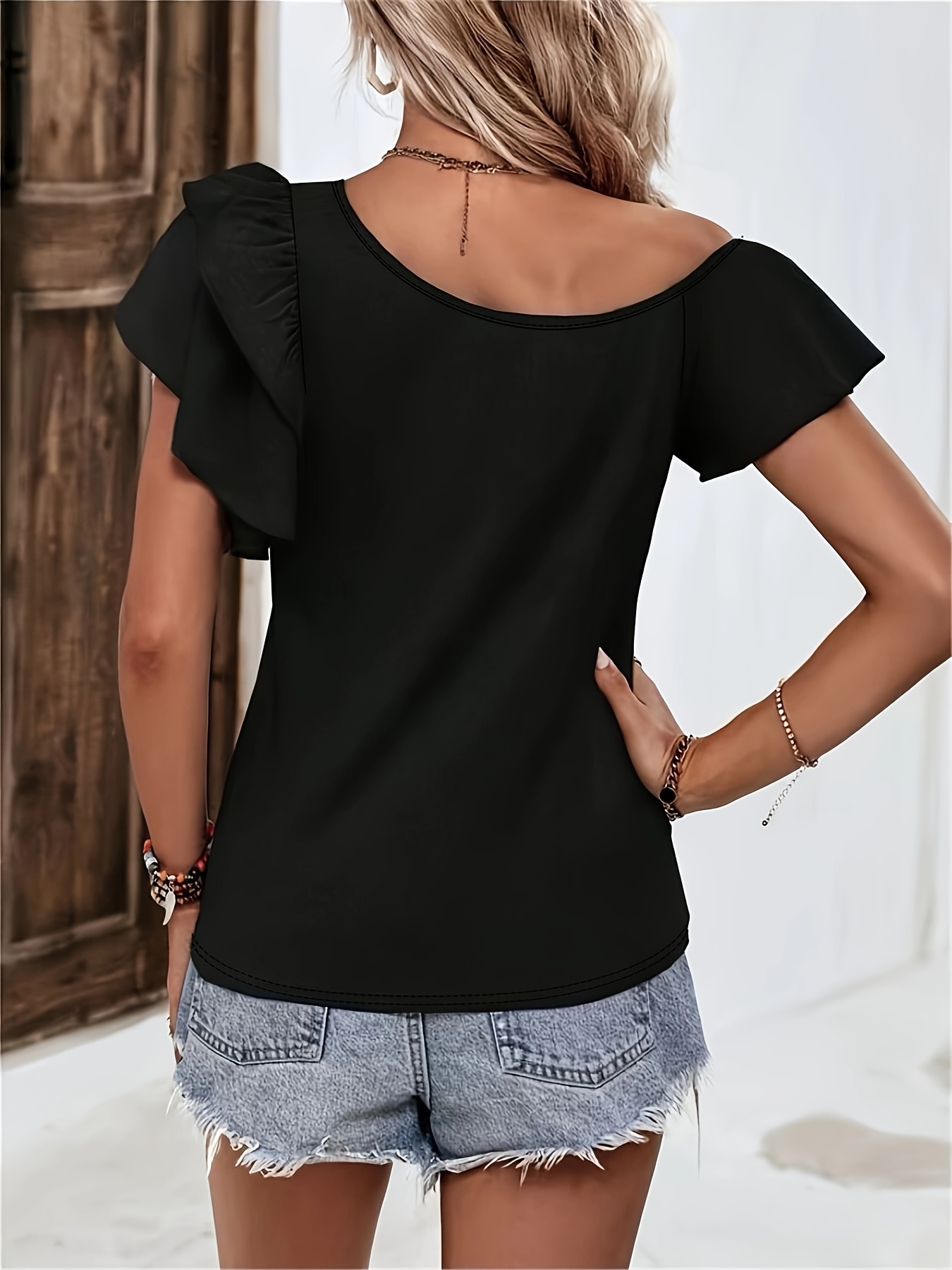 womens shoulder short sleeve crop top elegant black casual Temu