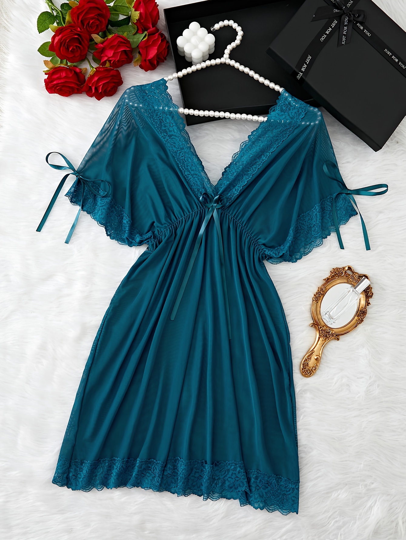 * Sheer Nightgown with Mesh Bow and Deep V-Neck for Women
