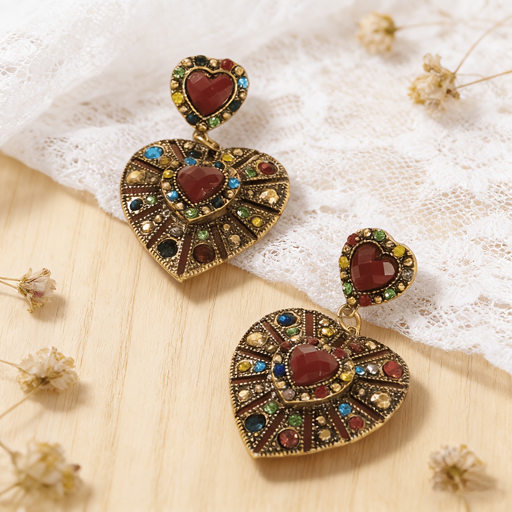 TEMU Vintage Bohemian Heart Earrings Featuring A Double-layer , With Surrounding Colorful Sparkling. And Unisex, Perfect As Wedding Gifts, Party