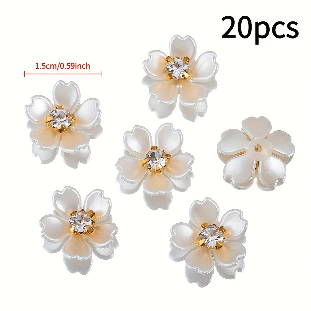 20pcs Acrylic Flower Beads 15mm - White Five- With Rhinestone Embellishments, Suitable For Diy Hair Clips, Phone Cases, Car Decorations & Crafts