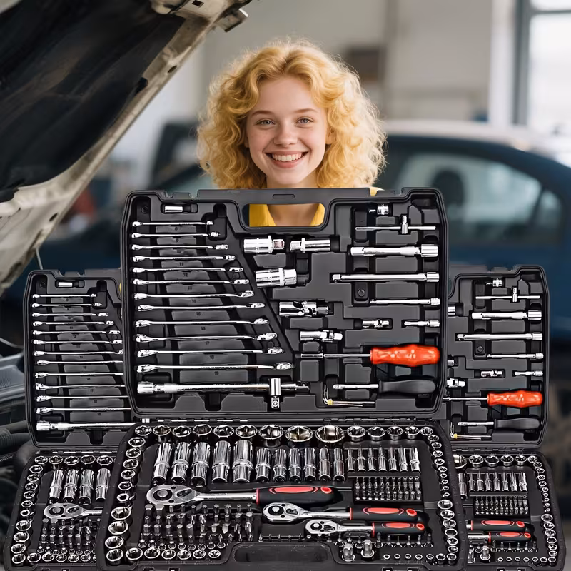 multi functional car repair tool kit black 46 black 216 with plastic storage box including hex wrench 1 2 3 deep and standard ratchet socket screwdriver and extension rod suitable for Product details 0