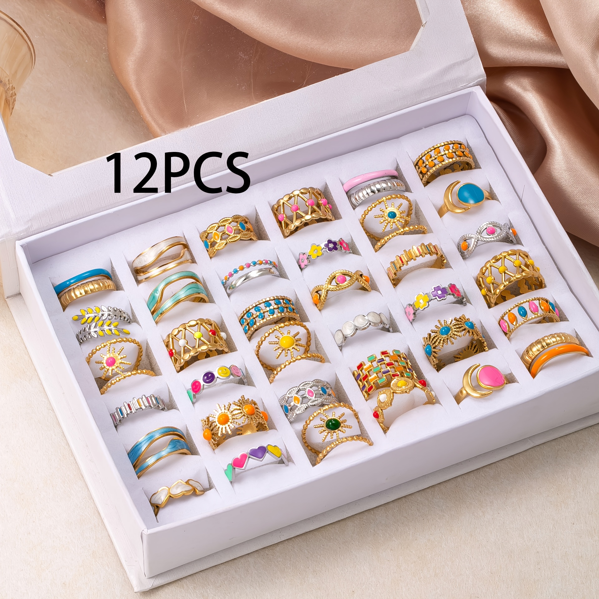 TEMU 12pcs Set Gold-plated Enamel Ring Set, Stainless Steel Multi-, Heart, And Multicolor Designs, Random Style Stainless Steel Rings, Waterproof