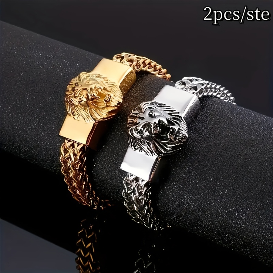 

2pcs Stainless Steel Bracelets For Men, Hip Hop Fashion Wristbands, Non-magnetic Braided Chain Animal Wrist Jewelry Accessories