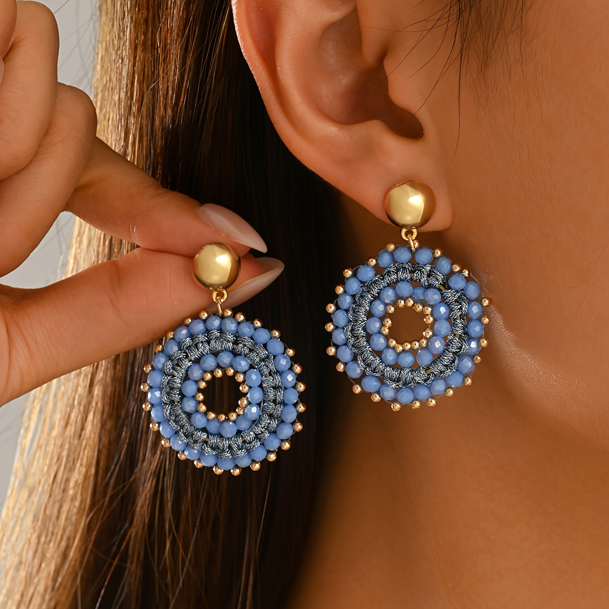 Bohemian Fashion Beaded Round Dangle Earrings, Handmade