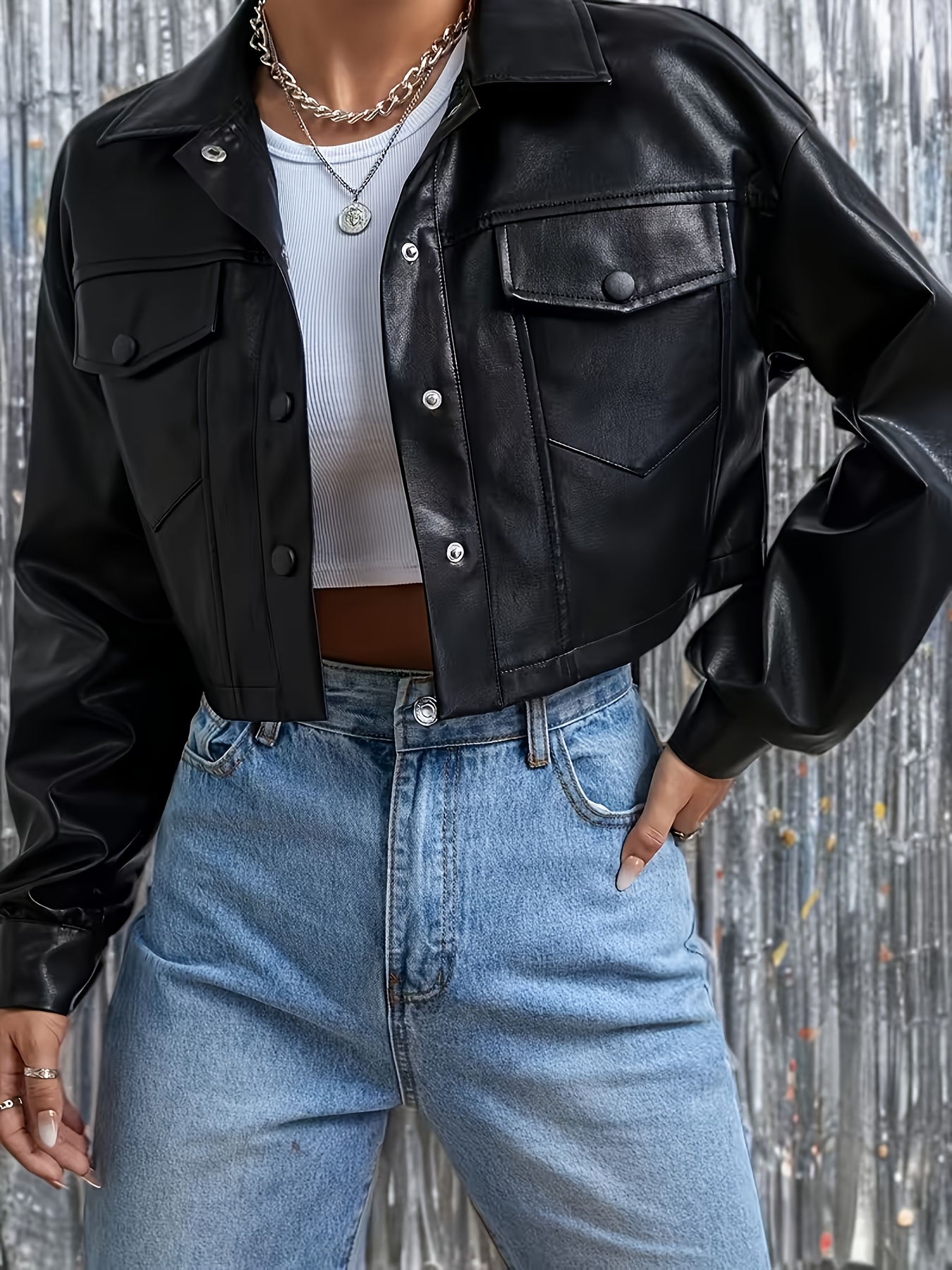 ladies fashionable pu imitation short jacket casual long - Temu Qatar